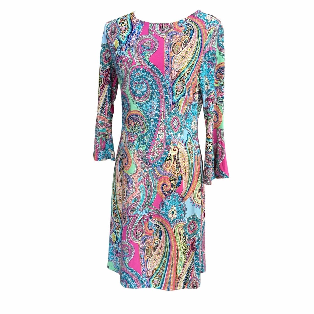 Tommy Hilfiger Retro Sheath Dress Sz 4 Colorful Bell Sleeve Stretch Boho Paisley